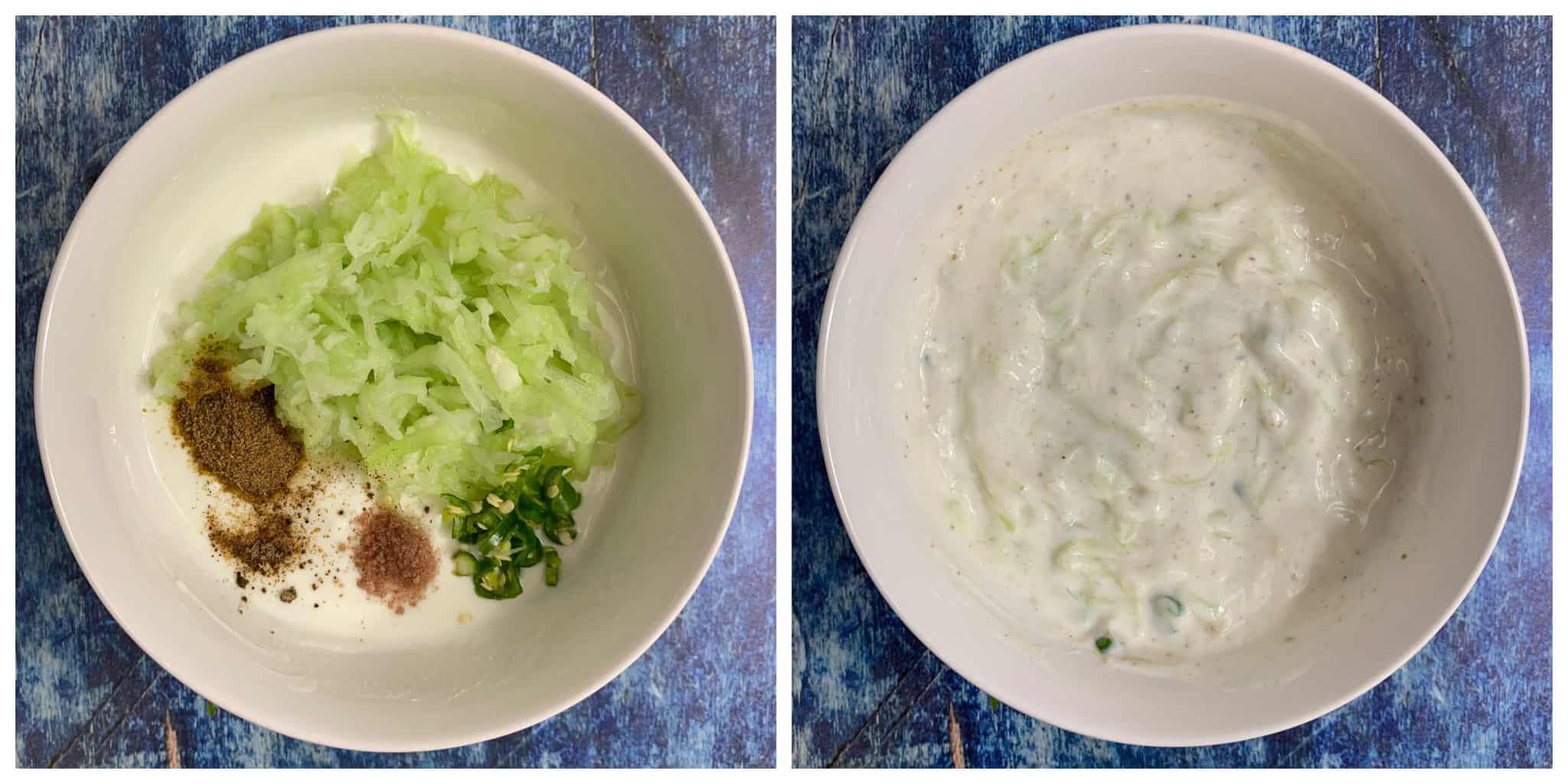 step to add cooked vegetable and spices to yogurt collage