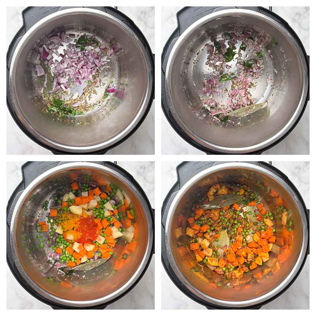 Step to saute onions and veggies along with spices collage