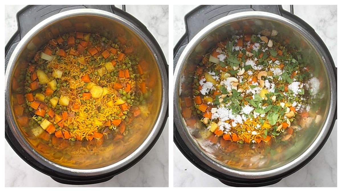 Cooked masale bhaat in the coker garnished with coriander leaves and coconut collage.