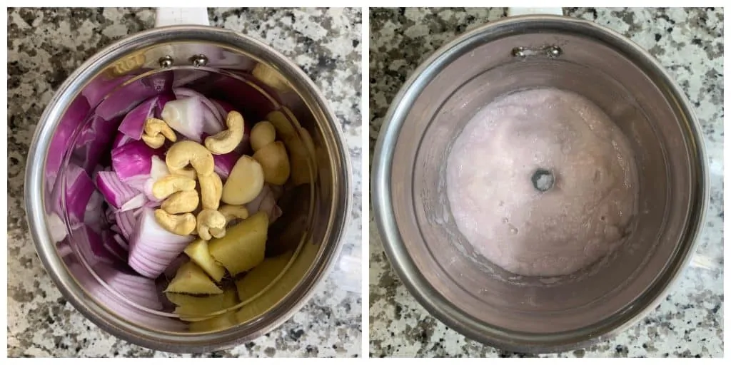 step to blend onion cashews and ginger garlic collage