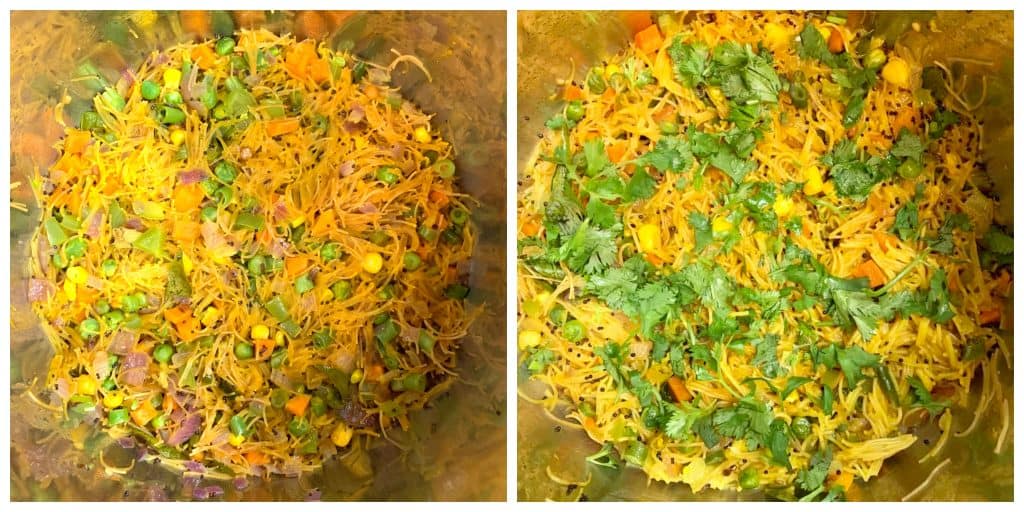 step to add lime juice and cilantro to instant pot vermicelli upma collage