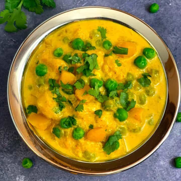 butternut squash coconut curry in a steel bowl with cilantro on side