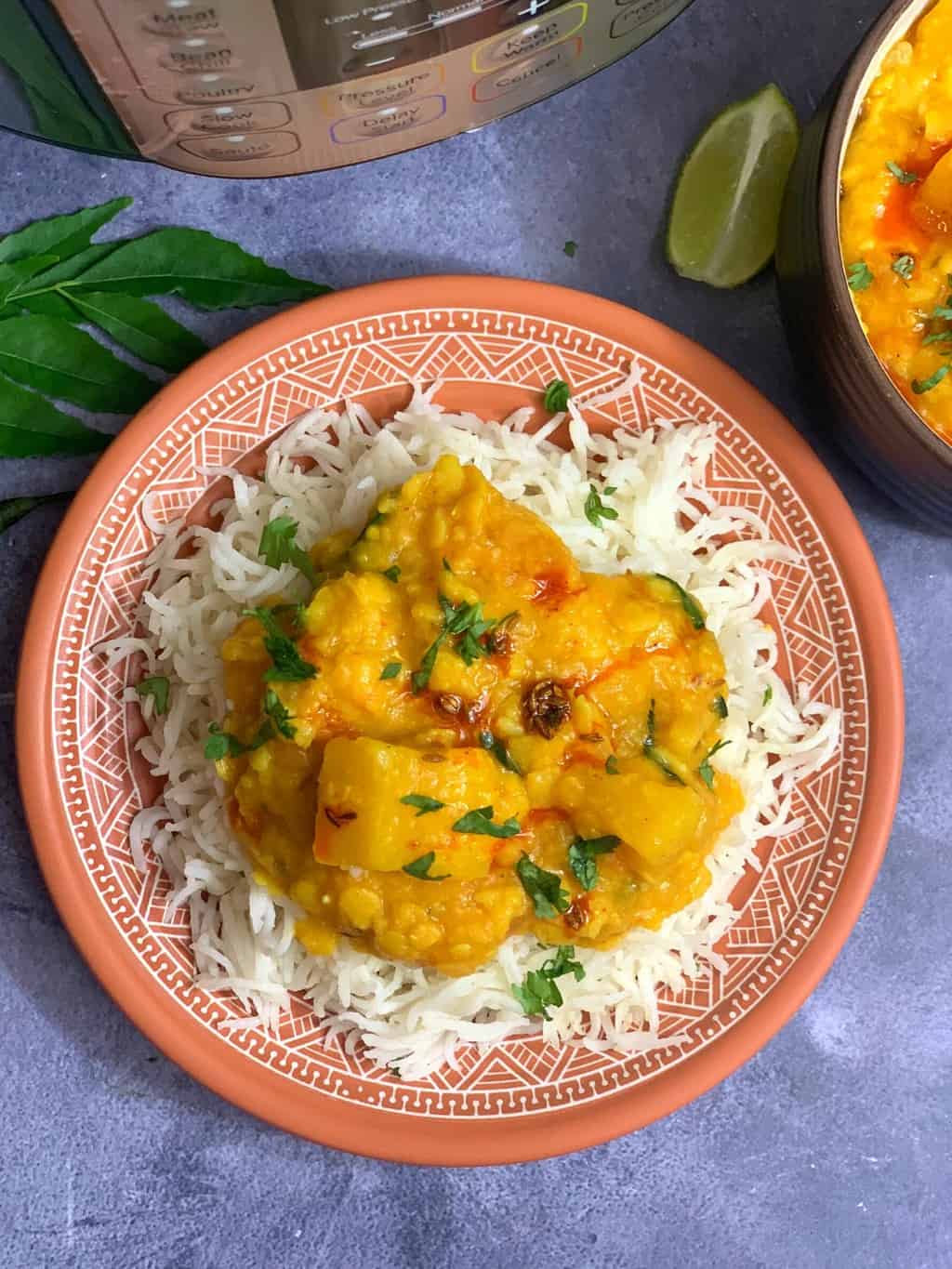 indian butternut squash lentil curry served in a plate with steamed rice with instant pot on the side