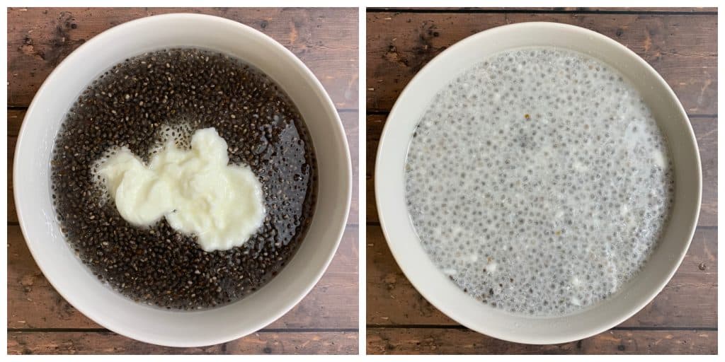 step to add greek yogurt to soaked chia collage