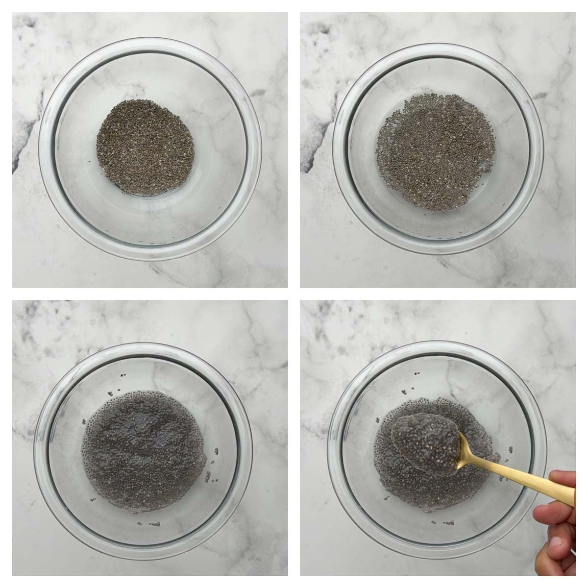 Step to soak the dry chia seeds in bowl of water for 30 minutes collage