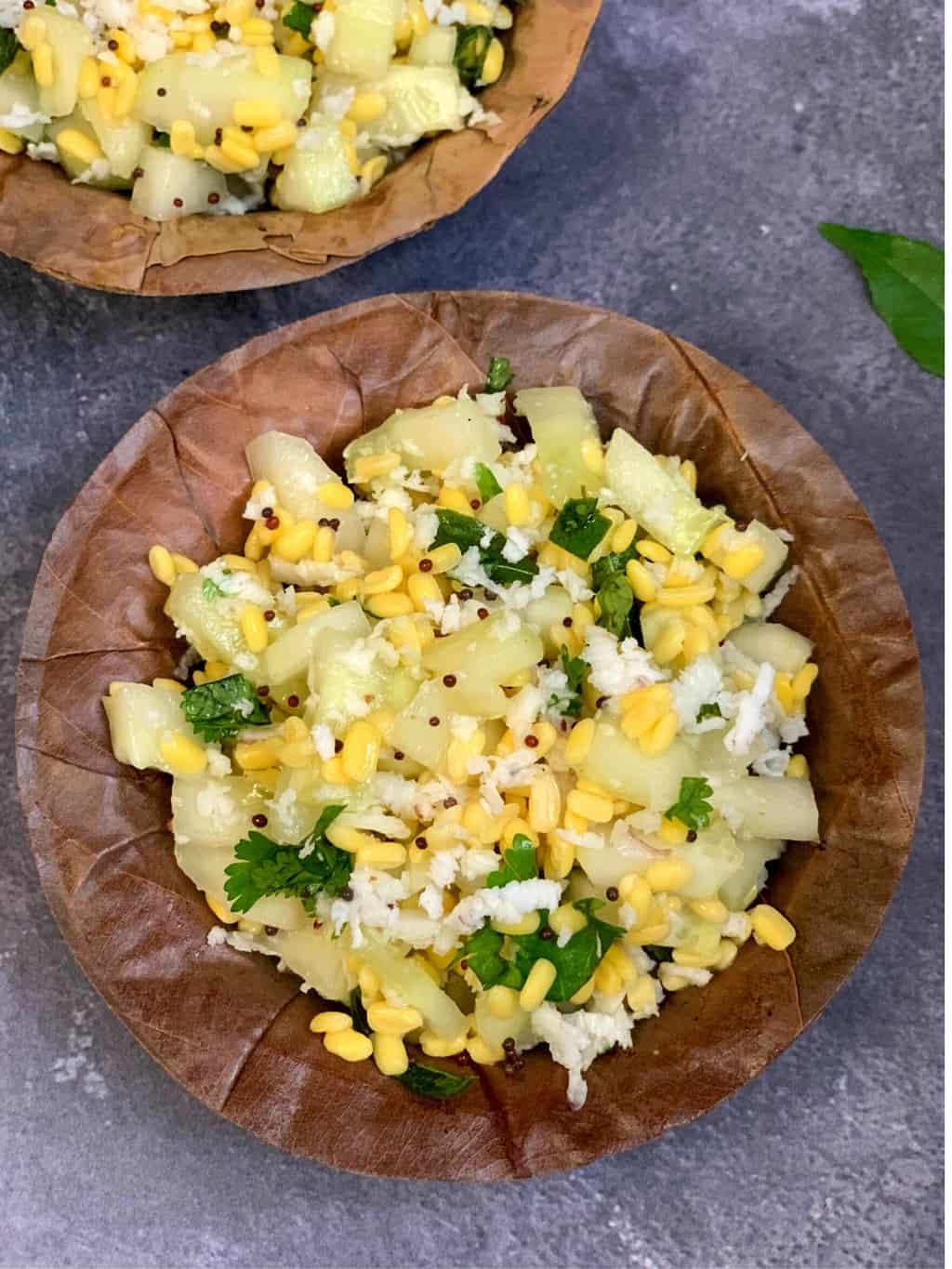 south indian cucumber salad served in a arekanut bowl collage