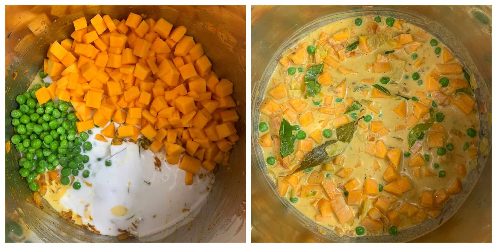 step to add butternut squash coconut milk and peas collage