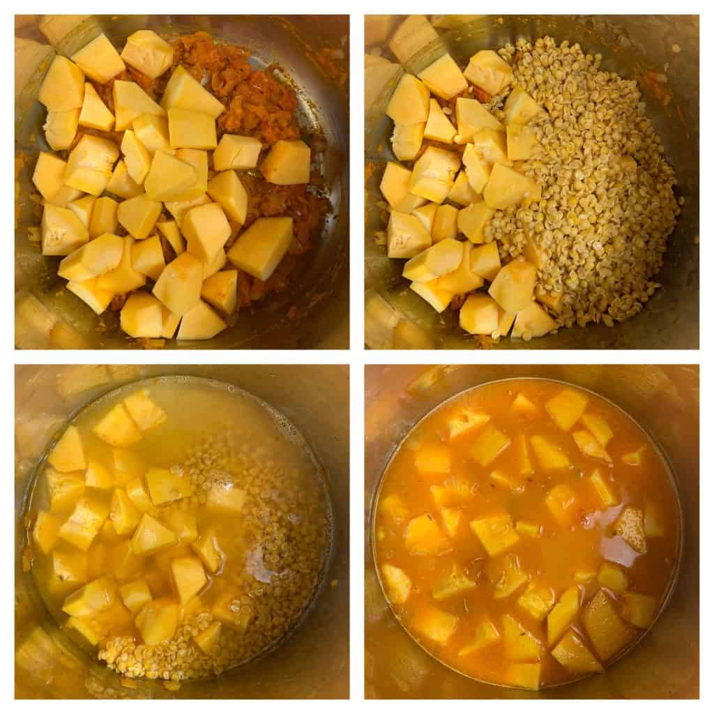 step to add toor dal butternut squash pieces in to the water collage
