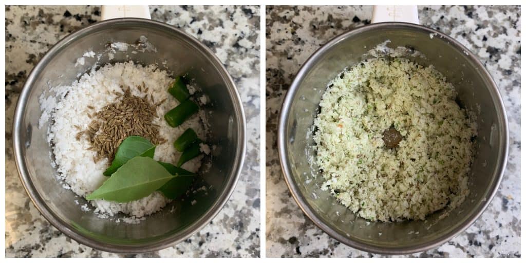 step to grind coconut with cumin and curry leaves collage