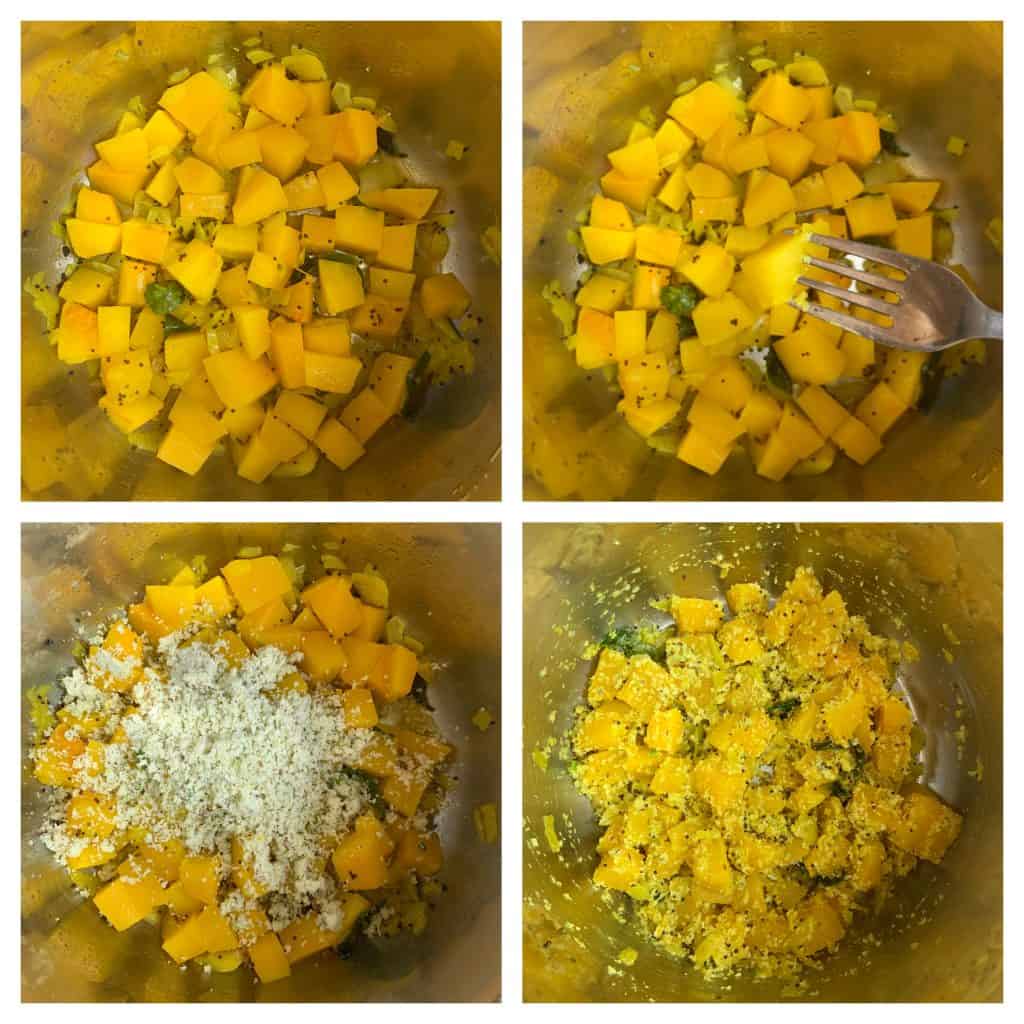 step to add coconut masala to cooked butternut squash collage