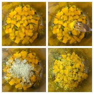 step to add coconut masala to cooked butternut squash collage
