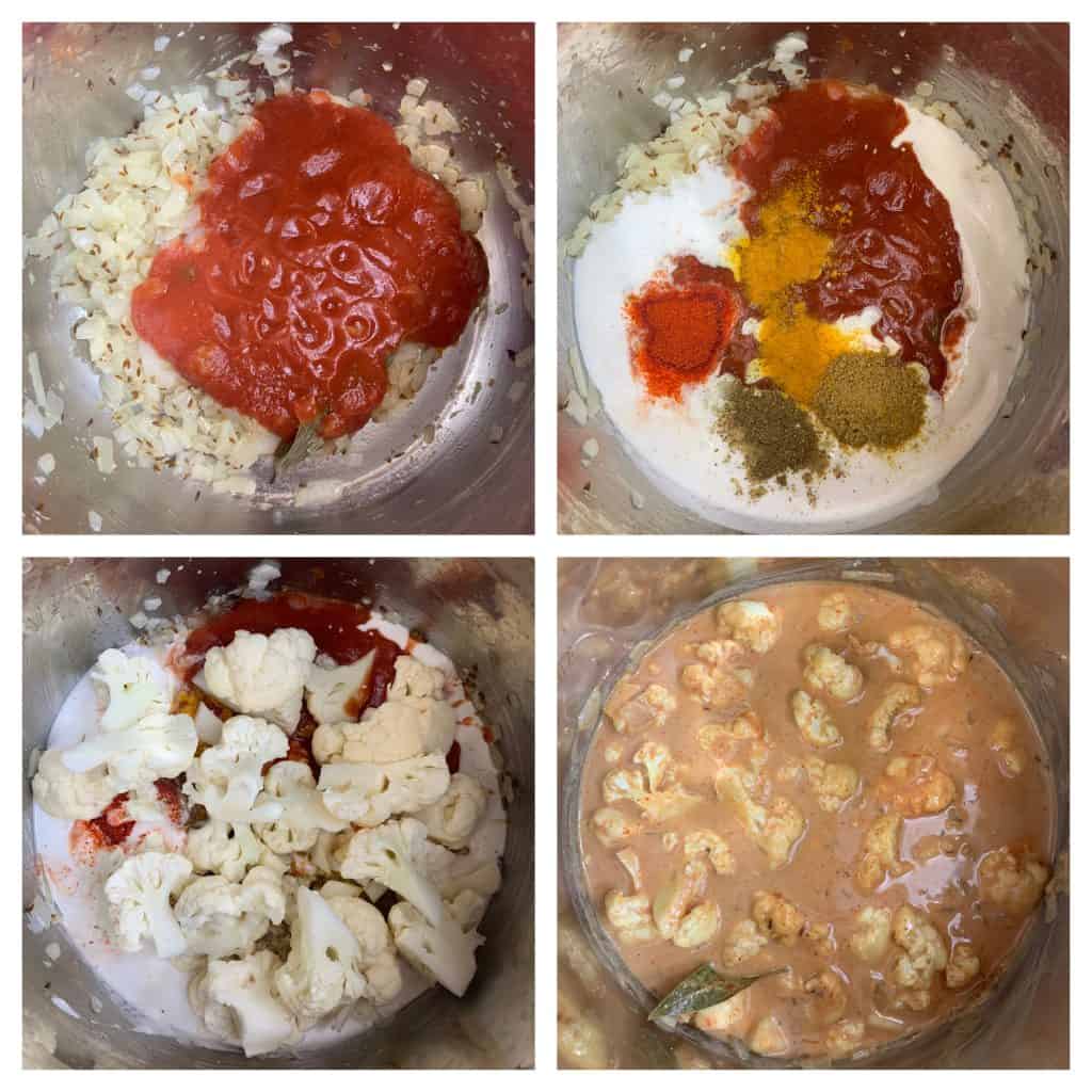 step to add tomato sauce and spices to cauliflower curry collage