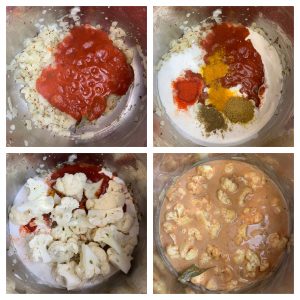 step to add tomato sauce and spices to cauliflower curry collage