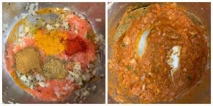 step to cook tomato puree with dry spices for chole masala recipe collage