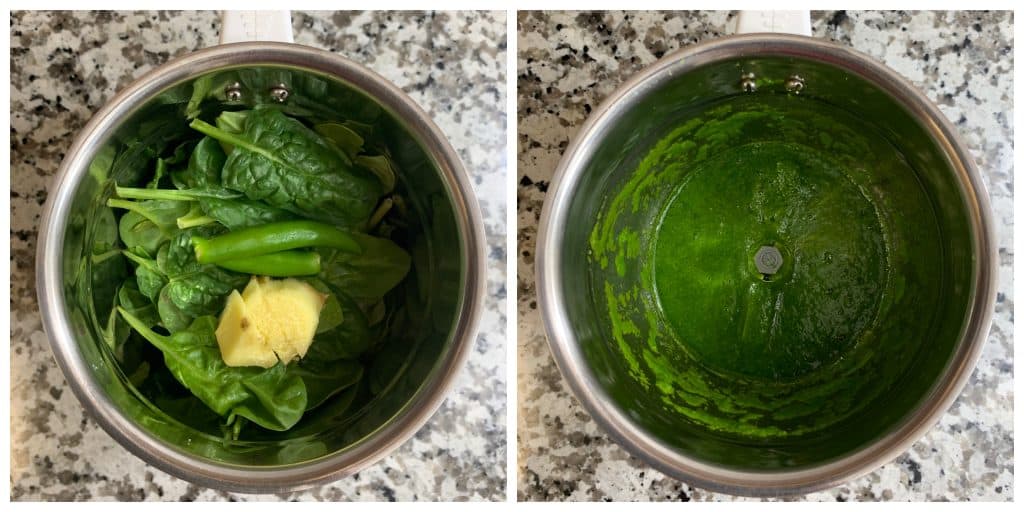 step to blend green chilli ginger and spinach into puree collage