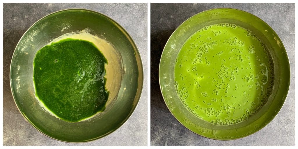 step to add spinach puree to besan mixture collage