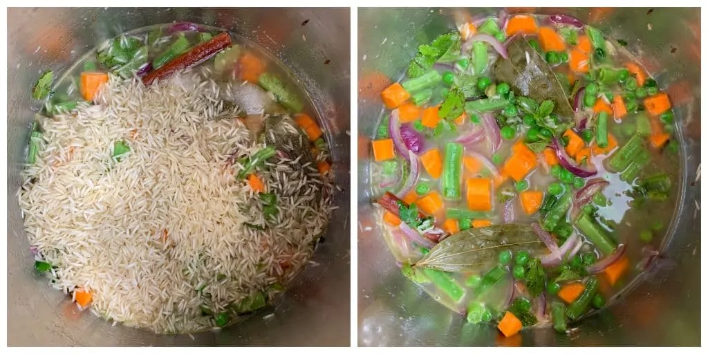 step to add rice and water pressure cook collage
