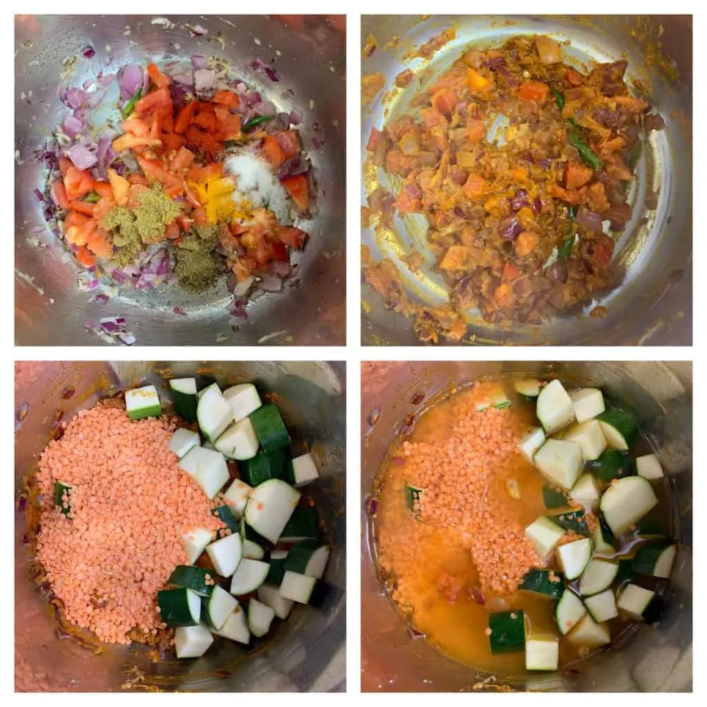 cook tomato with spices and add dal,water and zucchini