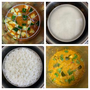 step to pot-in-pot zucchini dal with rice collage