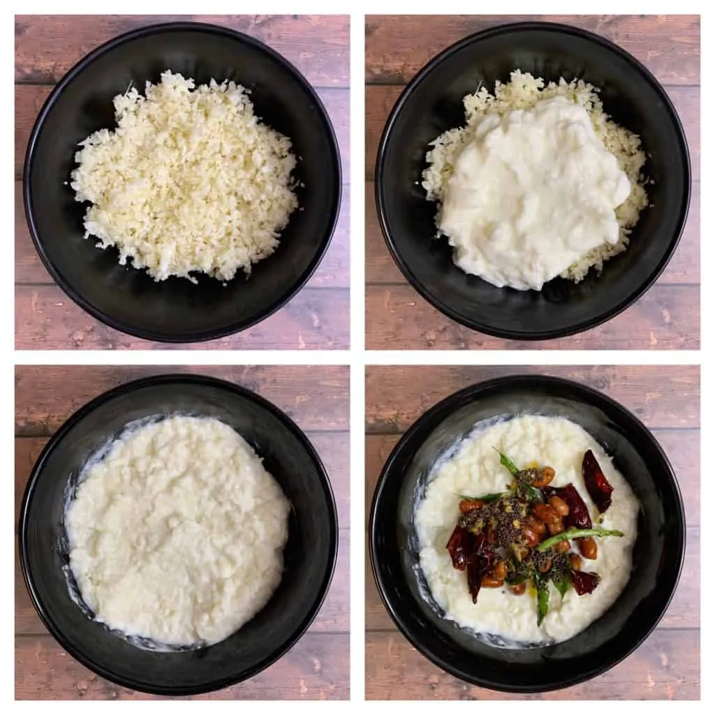 step to mix tempering with yogurt and cauliflower rice collage