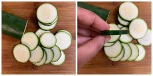 step to cut zucchini in to thin slices collage