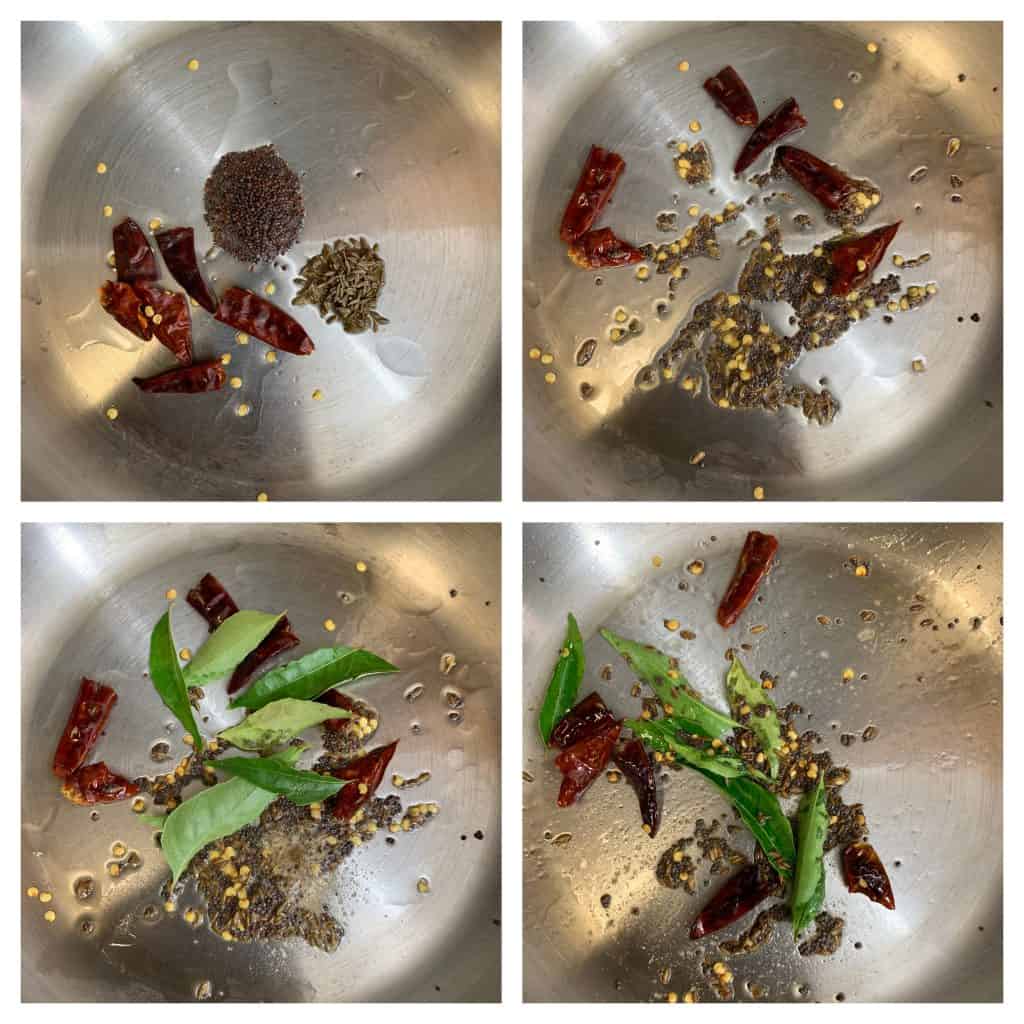 prepare the tempering with red chillies,mustard seeds,cumin,curry leaves