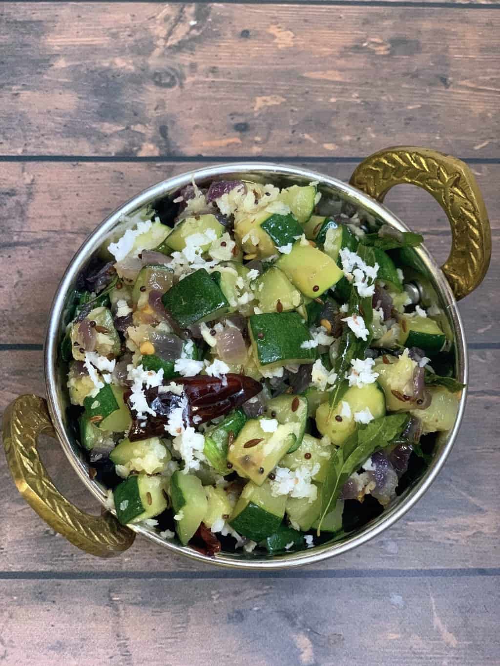 zucchini poriyal served in a kadai