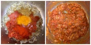 step to add tomato puree and cook with spices collage