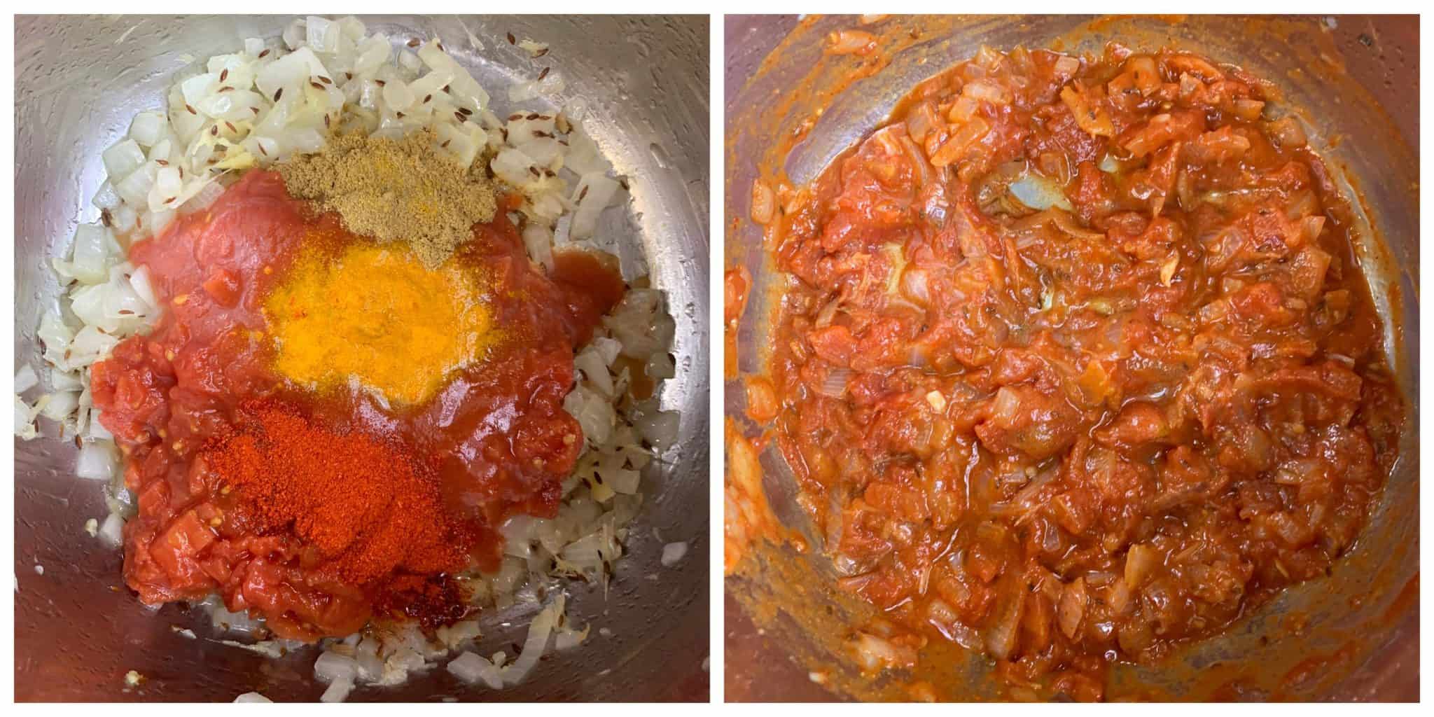 step to add tomato puree and cook with spices collage