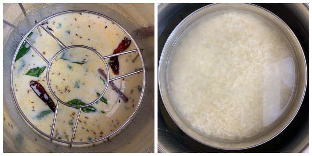step to add besan yogurt mixture into the instant pot insert and pot in pot rice collage