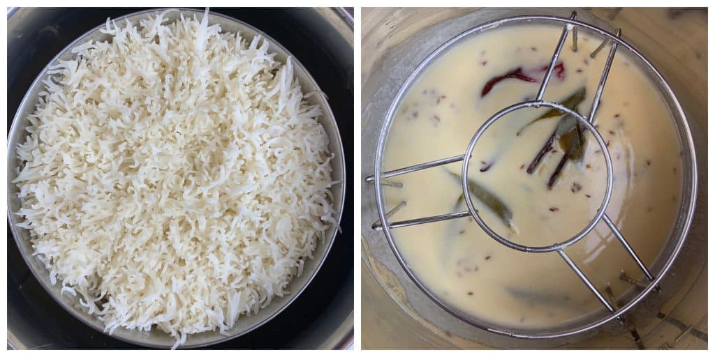 step with perfectly cooked rice and gujarathi kadhi collage
