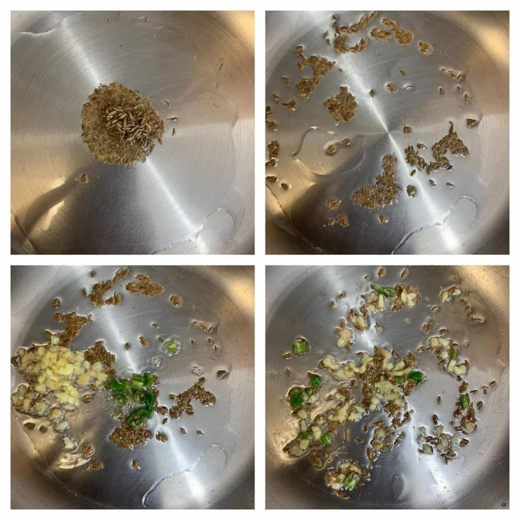 step to saute ginger and cumin seeds collage