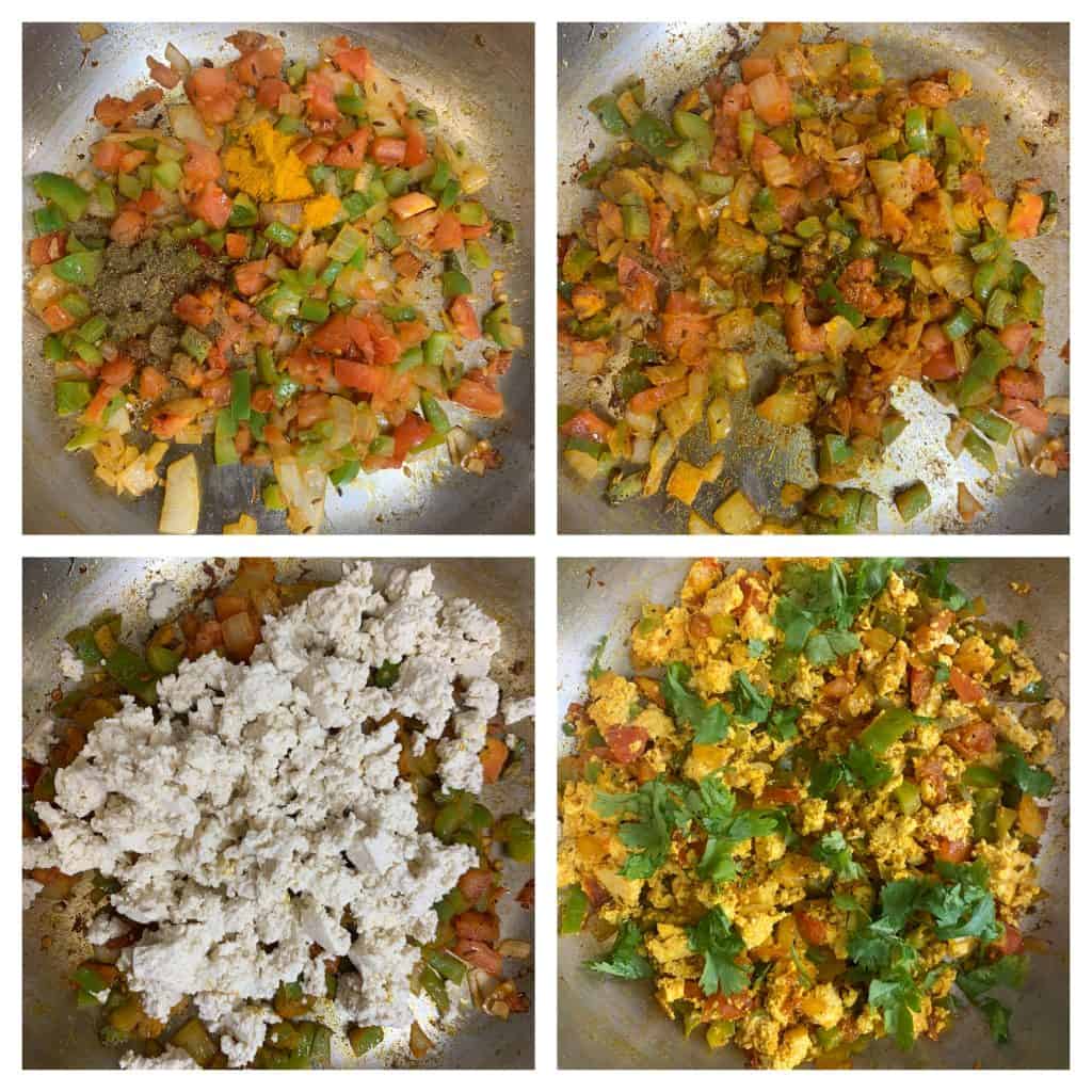 step to add crumbled tofu and cook collage