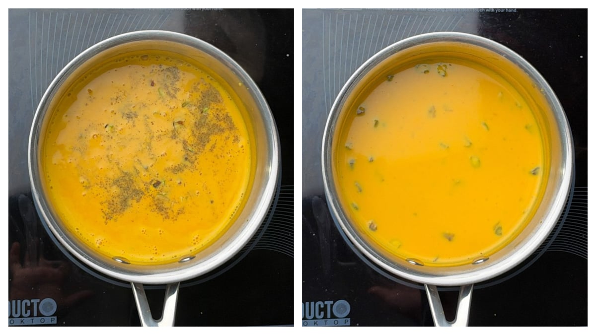 Step to add the cardamom powder and pistachios to the carrot kheer collage