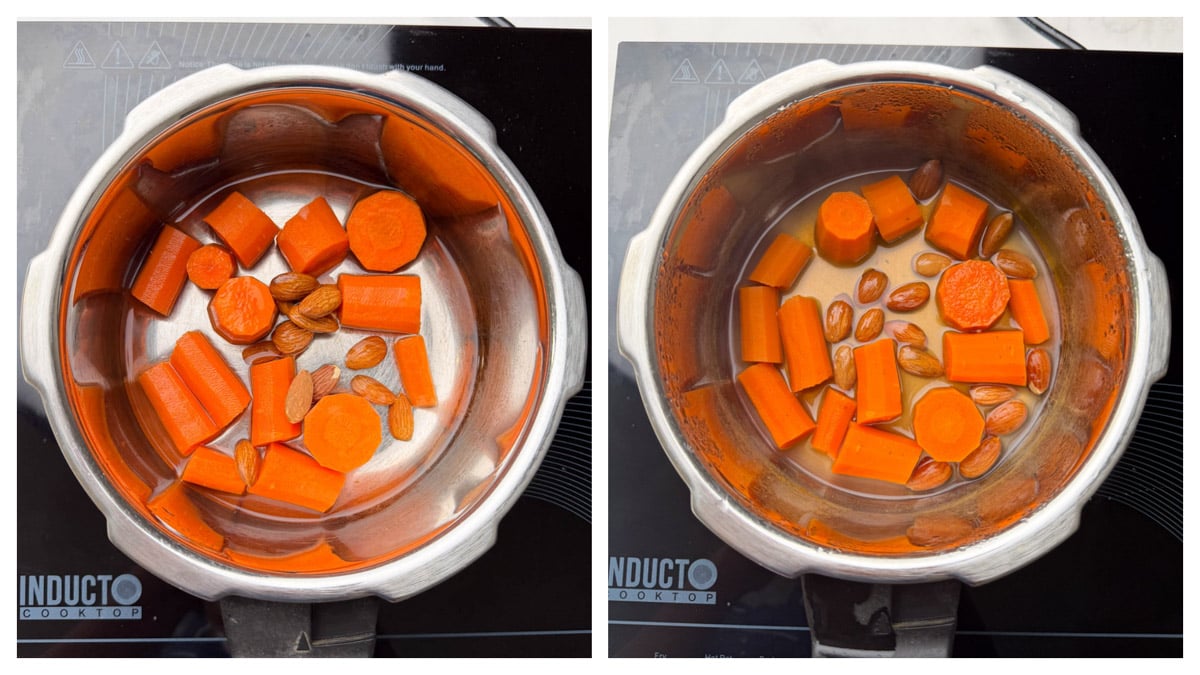 Step to add carrot, almonds and water in to the steel pressure cooker collage