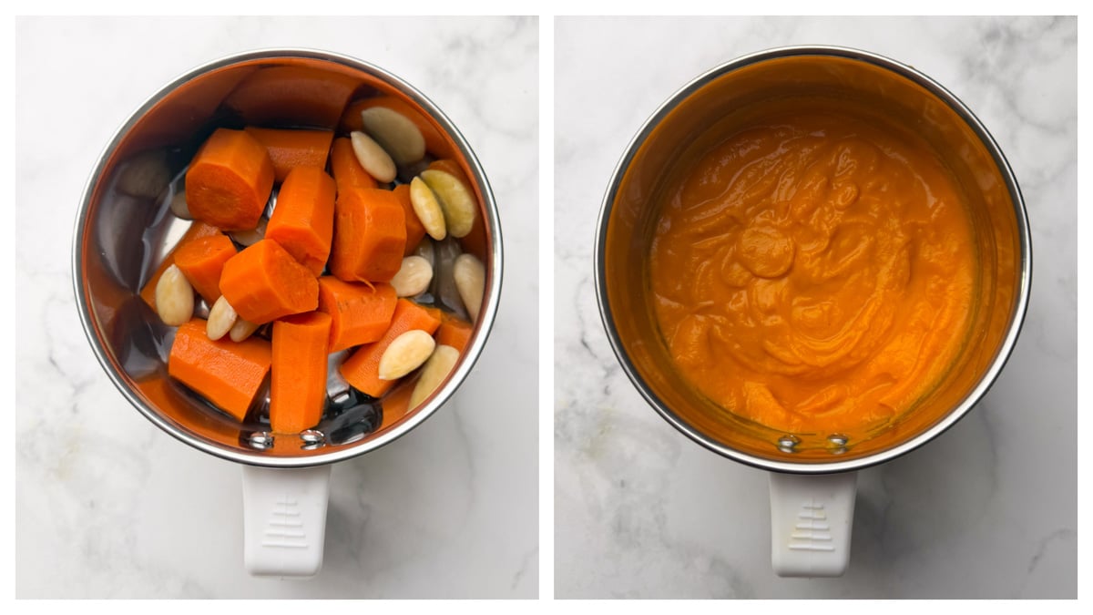 Step to blend cooked carrot mixture into smooth paste collage