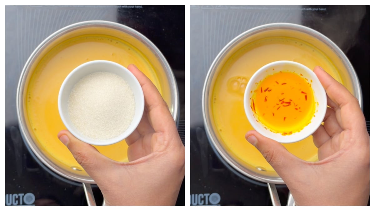 Step to add sugar and saffron milk to the carrot almond kheer collage