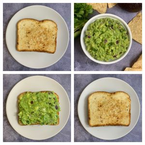 step to add guacamole on toasted bread collage