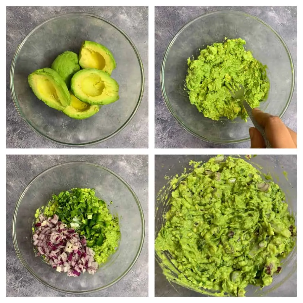 step to mash avocado and add all ingredients for guacamole collage