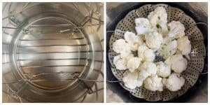 cauliflower florets in a steamer basket collage