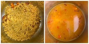 step to add lentil and water to make yellow lentil soup collage
