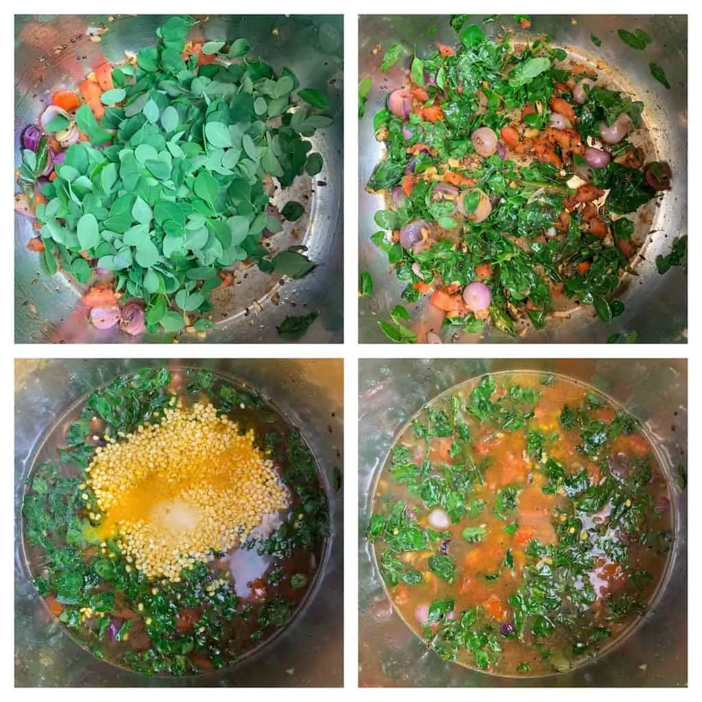 step to saute moringa and add moong lentils ,turmeric powder and water for pressure cooking collage