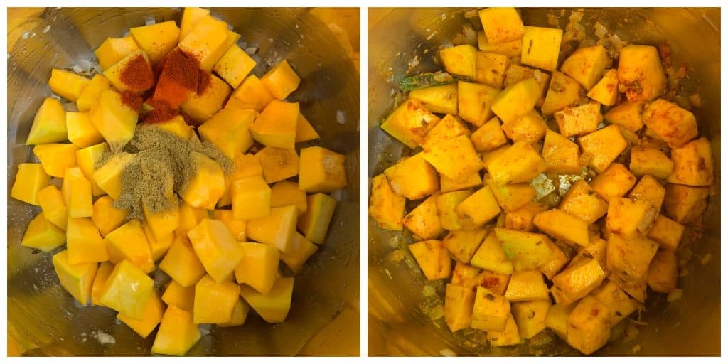 add dry spices ,water and squash in instant pot insert and pressure cook