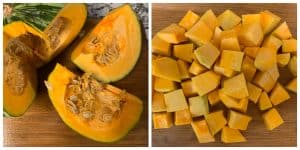 step to dice the yellow kabocha squash into ½ inch size collage