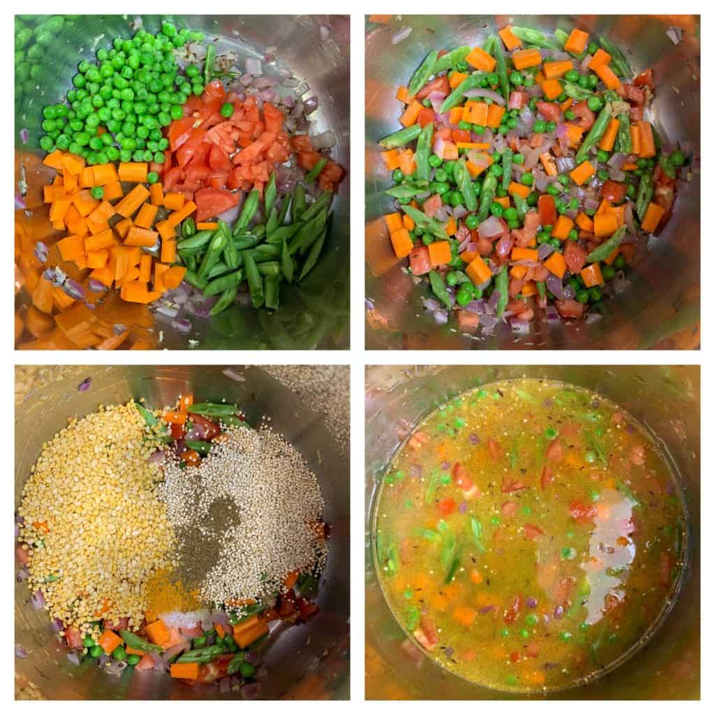 steps to cook mix vegetables like carrot,peas,beans and tomato collage
