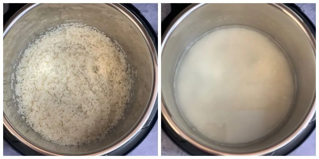 step to add rinsed rice with water collage