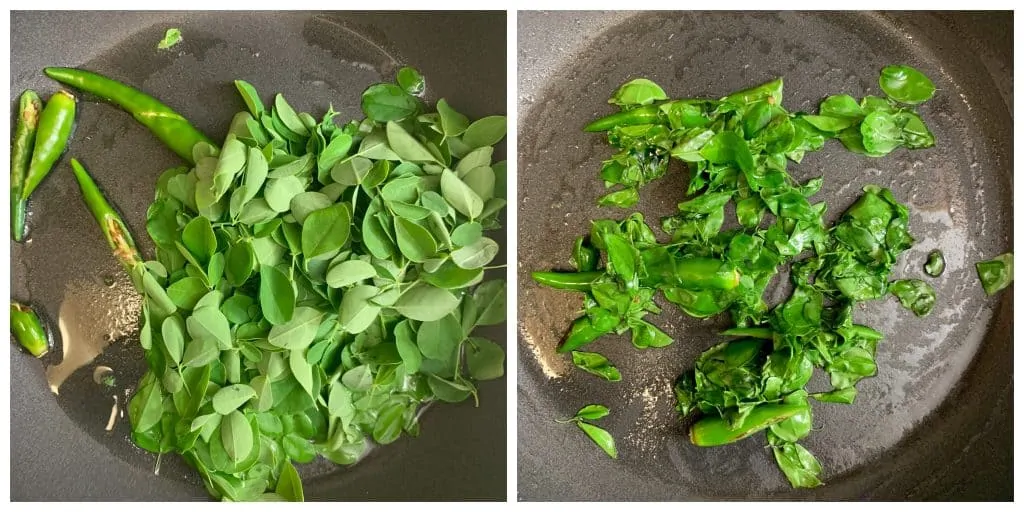 step to saute moringa leaves and green chillies with 1 teaspoon of oil collage
