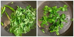 step to saute moringa leaves and green chillies with 1 teaspoon of oil collage