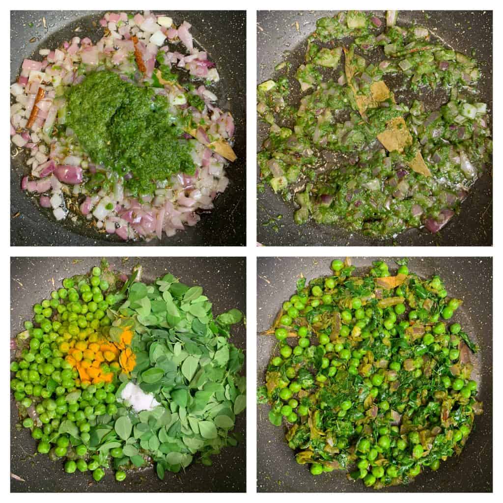 step to saute moringa leaves ,green peas till they shrink collage