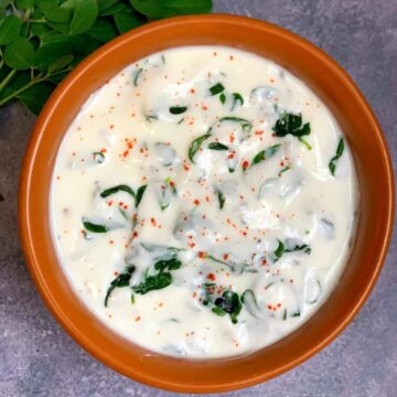 Moringa leaves Raita served in a bowl with drumstick leaves on the side